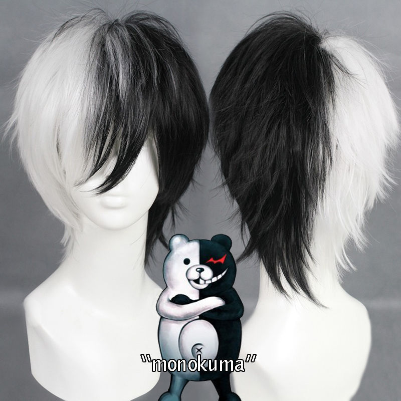 Cosplay Anime White Hair - Аниме игра Danganronpa черно-белый парик медведя